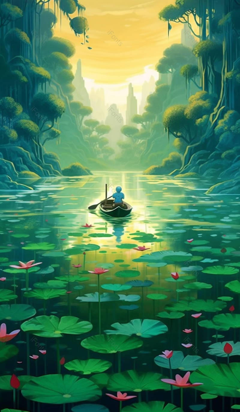 晚霞朝阳山川河流绿色树林树木从中小河小溪一只船一个人慢慢前行缓慢舒适插画,插画/手绘图,插画/手绘图库,插画/手绘图下载,插画/手绘